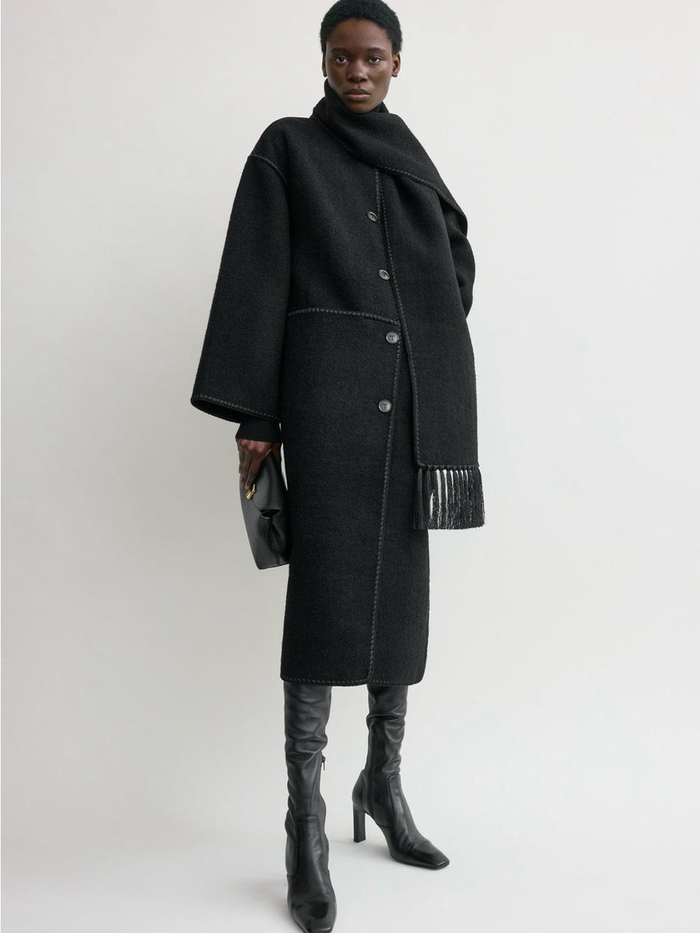 Toteme Black Long Wool Button Coat with Scarf - Picture 2 of 7
